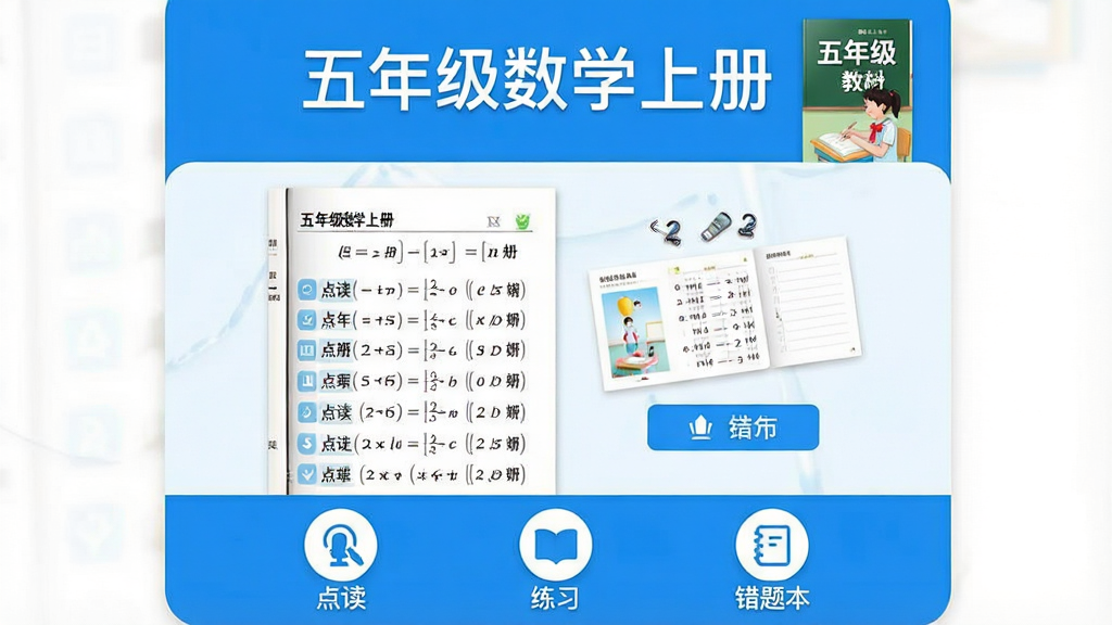 һ��չʾ���꼶��ѧ�ϲ�App���Ľ����ͼƬ��������ʾ�����꼶��ѧ�ϲᡱ�����ͽ̲ķ��棬�м�����������ѧ�α�ҳ���뻥��ϰ�ⰴť���ײ��С����������ϰ�������Ȿ������ͼ�꣬���岼�ּ�࣬������ɫ����������ִ������ʸɾ��޶���Ԫ��