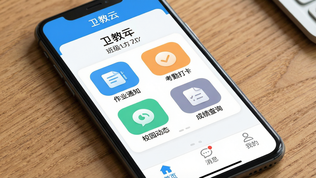 一张展示“卫教云”App核心界面的手机屏幕图片,手机放在木质桌面上,屏幕内显示“卫教云”应用主界面,顶部是学校名称和班级信息,中间区域有“作业通知”“考勤打卡”“校园动态”“成绩查询”四个彩色功能图标,底部导航栏有“首页”“消息”“我的”三个选项,界面风格清新简洁,蓝白配色为主,图标圆润,画质干净清晰,无多余元素