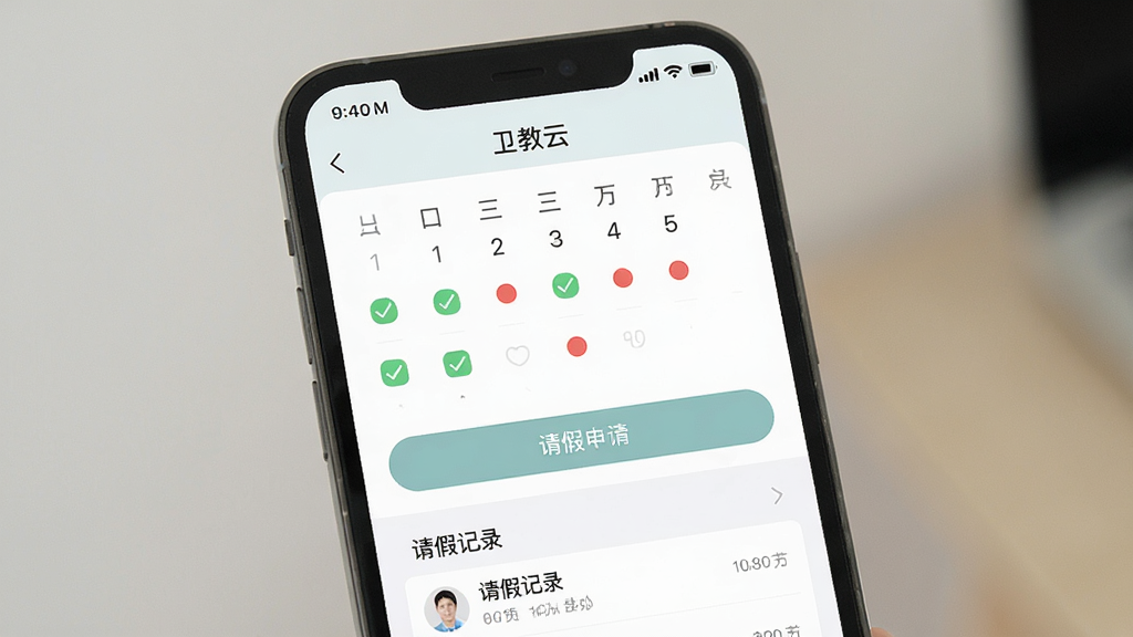 一张展示“卫教云”App考勤与请假功能界面的手机图片,手机屏幕内显示“卫教云”的考勤日历页面,日期下方标有绿色对勾和红色圆点,下方有“请假申请”按钮和请假记录列表,界面配色柔和,布局清晰,画质干净,无多余元素