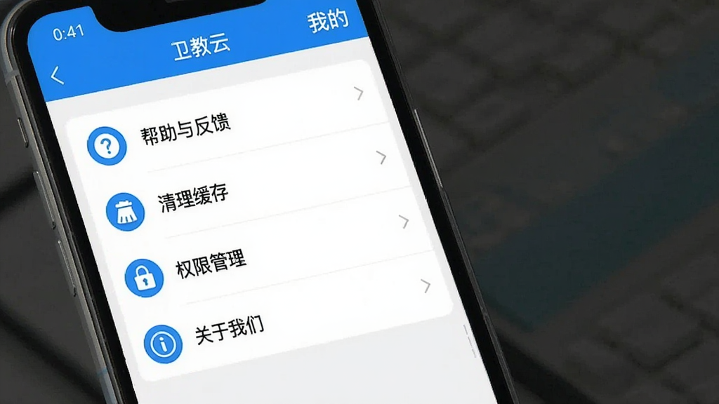 一张展示“卫教云”App设置与权限管理界面的手机图片,屏幕内显示“卫教云”的“我的”页面,包含“帮助与反馈”“清理缓存”“权限管理”“关于我们”等选项列表,界面整洁,图标清晰,蓝白配色,画质干净,无多余元素