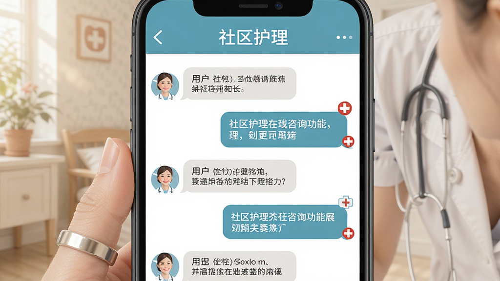 社区护理在线咨询功能展示,主体是手机聊天界面,左侧是用户提问气泡,右侧是穿着护士服的护理人员回复气泡,布局为竖屏聊天列表,排版整齐,风格温馨友好,细节有医疗十字图标点缀,画质干净清晰,无多余元素,界面顶部写着“社区护理”
