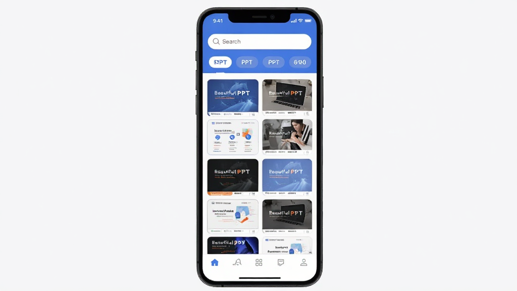 BeautifulPPT 手机应用主界面展示,画面中央是一部智能手机,屏幕上显示 BeautifulPPT 的模板选择页面,布局为顶部搜索栏和分类标签,中间是两列模板缩略图网格,底部是导航栏,风格现代扁平,蓝白配色为主,细节圆润,画质干净清晰,无多余元素
