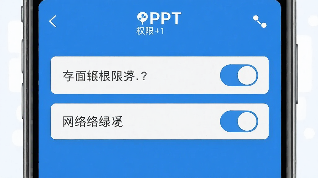 BeautifulPPT 权限设置界面,手机屏幕显示存储权限和网络权限开关,布局清晰,风格扁平,蓝白配色,细节干净,画质清晰无多余元素