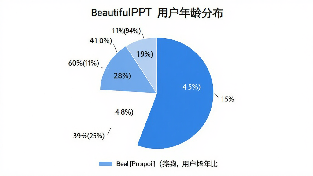 BeautifulPPT 用户年龄分布饼状图,图表显示不同年龄段占比,布局居中,风格简洁现代,蓝白配色,数据标签清晰,画质干净无多余元素