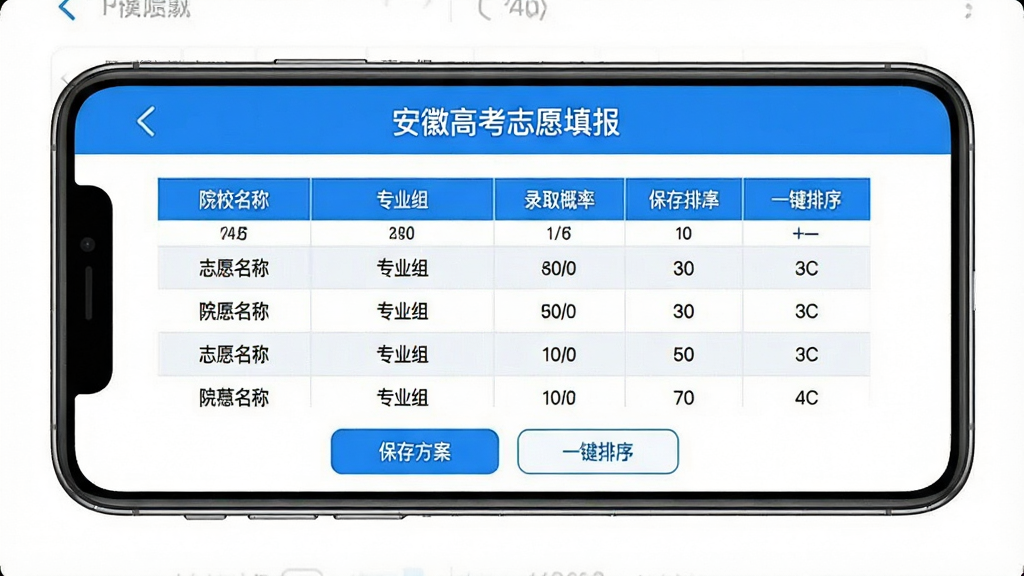 手机屏幕显示“安徽高考志愿填报”App的模拟填报界面,屏幕中显示一个志愿表表格,包含院校名称、专业组、录取概率等列,底部有“保存方案”和“一键排序”按钮,界面为蓝白配色,风格简洁,画质干净无多余元素