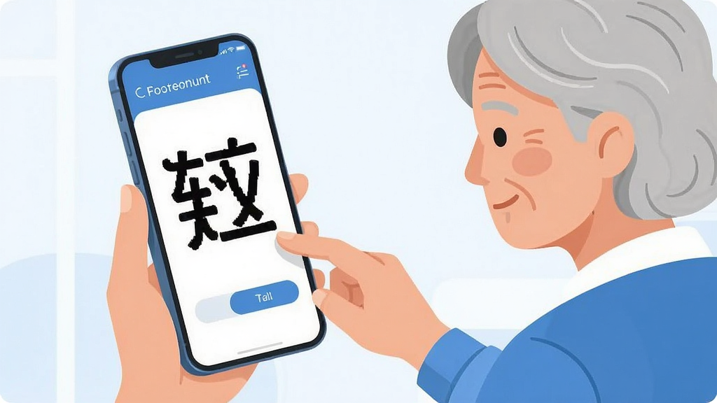 轻松放大字 手机屏幕显示超大字体效果 一位年轻人正在帮长辈设置手机字体大小 界面简洁清晰 蓝白配色 现代扁平化风格 画面温馨 干净无多余元素 高清画质
