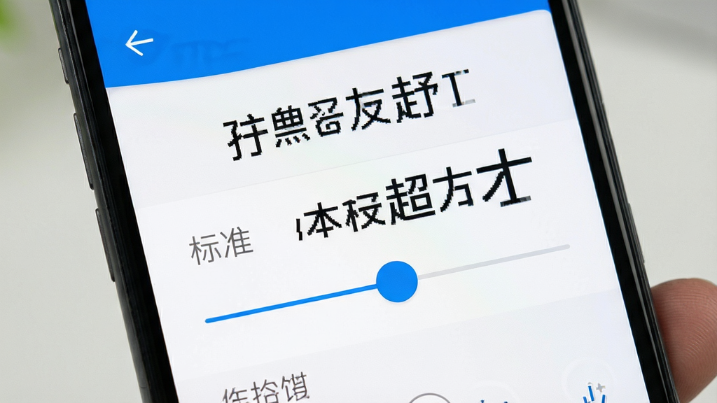 轻松放大字 手机屏幕显示字体大小调节滑块界面 从标准到超大字体实时预览 蓝白配色 简洁现代 UI清晰 干净无多余元素 高清画质