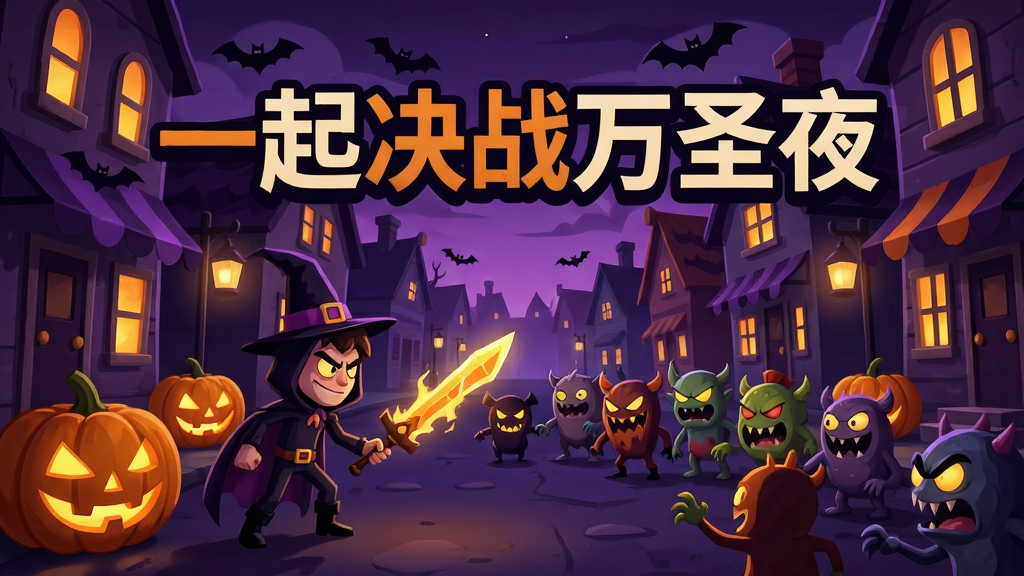 夜晚万圣节主题小镇街道场景,南瓜灯散发暖光,角色手持发光武器面对成群小怪物,画面中央醒目排版文字“一起决战万圣夜”,暗紫色与橙色为主色调,卡通搞怪风格,细节丰富,画质干净,无多余元素