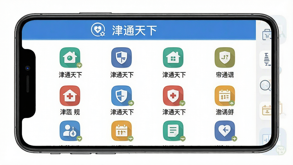 一张便民服务功能界面的展示图,主体是手机屏幕,屏幕中显示“津通天下”的服务图标矩阵,布局为四行四列的网格排列,每个图标下方有文字标签,排版清晰,风格扁平化设计,细节简洁明快,画质干净,无多余元素