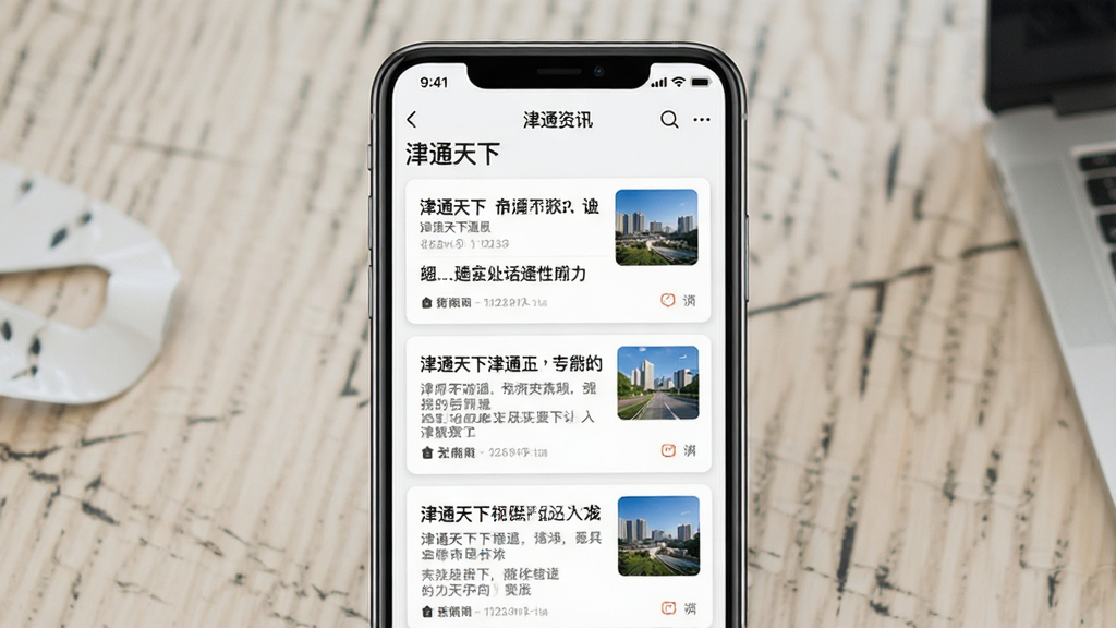 一张信息聚合界面的展示图,主体是手机屏幕,屏幕中显示“津通天下”的资讯列表页面,布局为上下排列的卡片式新闻流,排版整齐,风格清爽简约,细节精致,画质干净,无多余元素