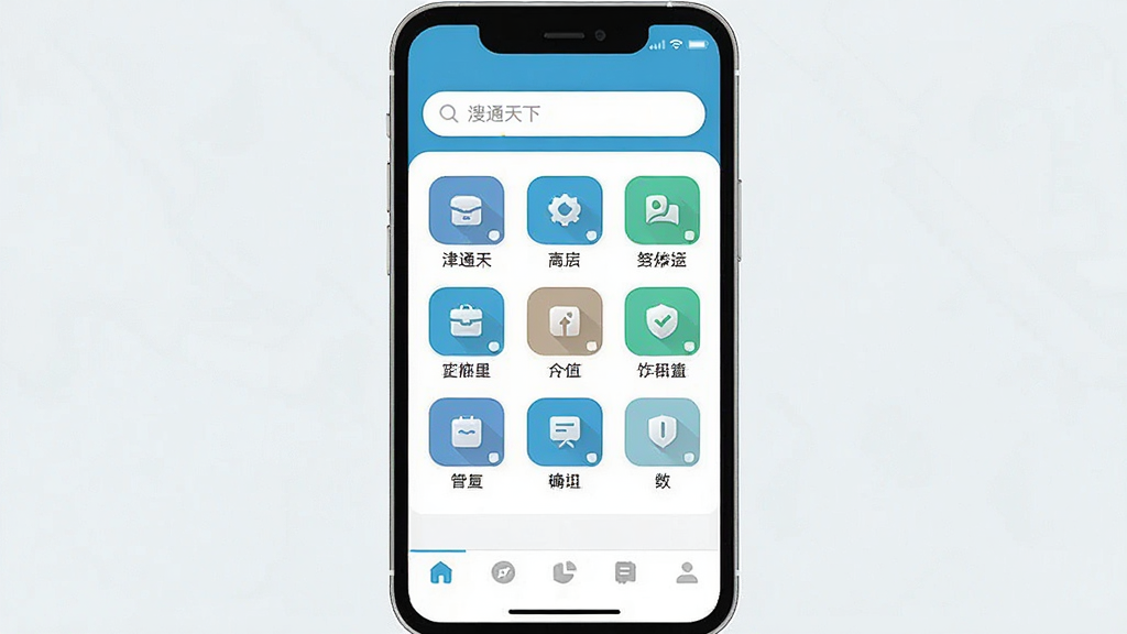 一张手机应用界面展示图,主体是手机屏幕,屏幕中显示“津通天下”App的主页,布局包含顶部搜索栏、中部功能图标网格、底部导航栏,排版简洁清晰,风格现代扁平,细节圆润,画质干净,无多余元素