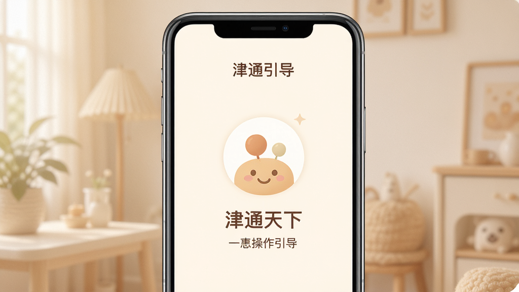 一张手机操作引导界面的展示图,主体是手机屏幕,屏幕中显示“津通天下”的引导页,布局为中央一个大图标配下方简短文字说明,排版居中对称,风格温暖亲和,细节柔和,画质干净,无多余元素