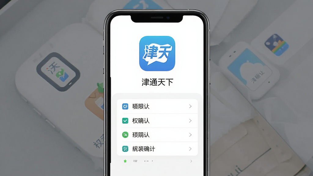 一张手机应用安装步骤示意图,主体是手机屏幕,屏幕中显示“津通天下”的安装确认界面,布局为顶部应用图标和名称下方权限列表,排版清晰,风格简洁明了,细节图标圆润,画质干净,无多余元素