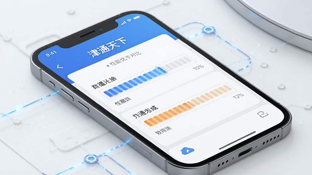 一张性能优化对比示意图,主体是手机屏幕,屏幕中显示“津通天下”的运行状态界面,布局为顶部标题下方两个数据条对比,排版直观,风格科技感轻量化,细节清晰,画质干净,无多余元素