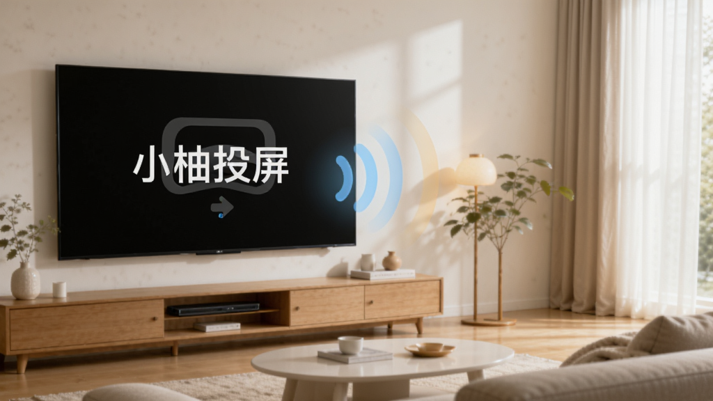 手机屏幕画面正无线投屏到客厅大电视上,电视显示“小柚投屏”四个字,画面清晰明亮,手机和电视之间有淡淡的无线信号波纹连接,客厅环境温馨,风格简约现代,细节干净,画质高清无多余元素