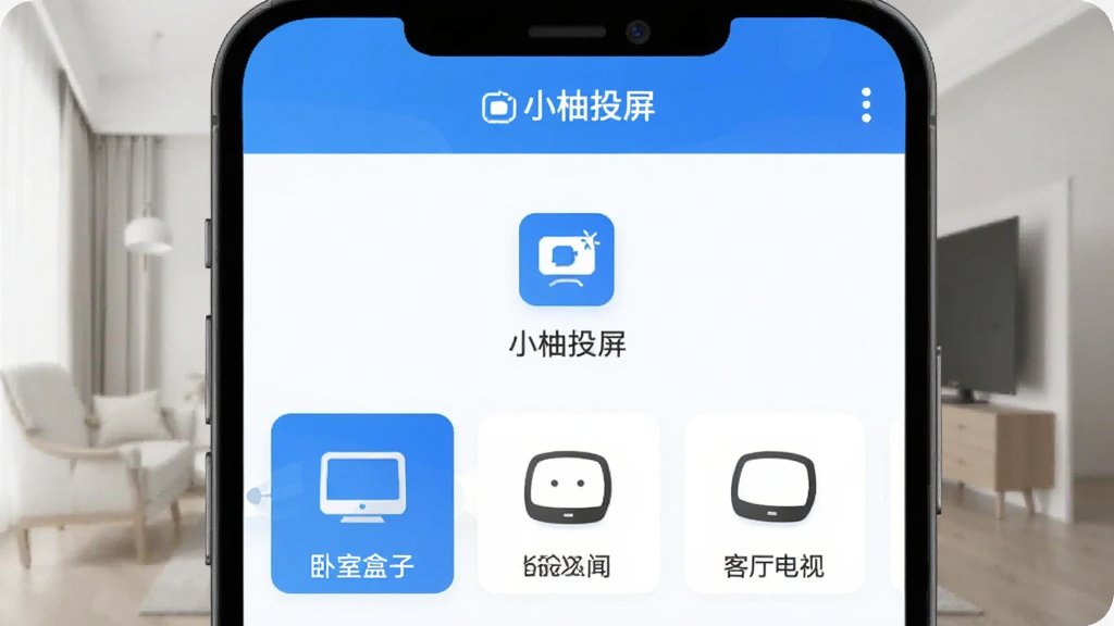 手机界面显示“小柚投屏”正在搜索设备,下方列出客厅电视、卧室盒子等设备名称,界面蓝白配色,顶部有“小柚投屏”标识,风格扁平清爽,画质干净无多余元素