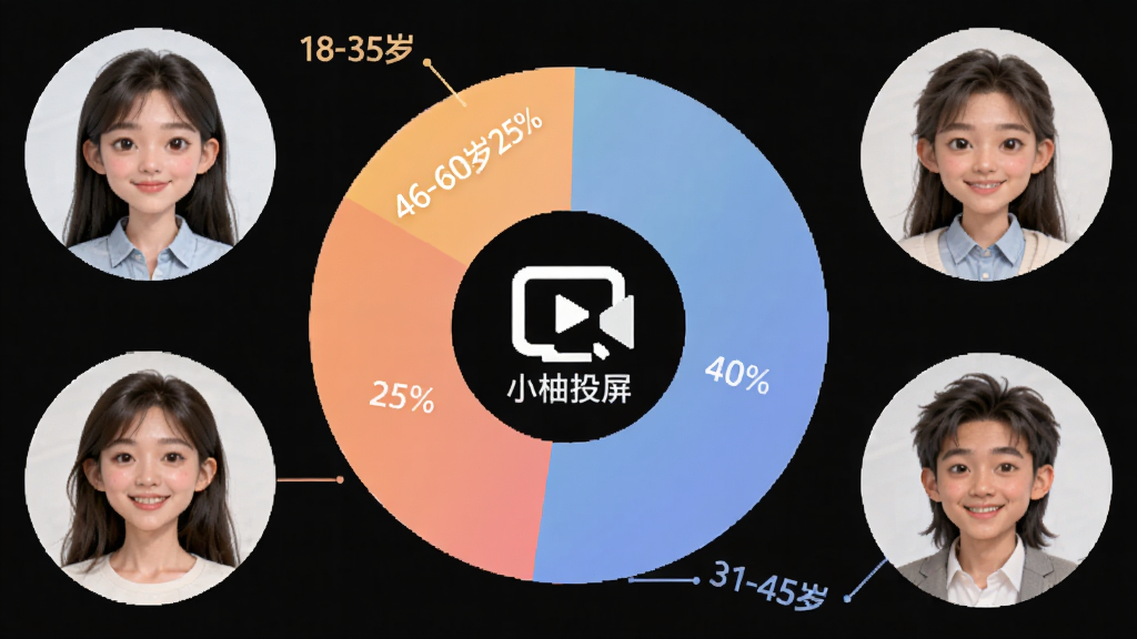 不同年龄段用户头像围绕“小柚投屏”图标,饼状图显示18-30岁占比35%,31-45岁占比40%,46-60岁占比25%,风格简洁数据可视化,色彩柔和,画质干净无多余元素