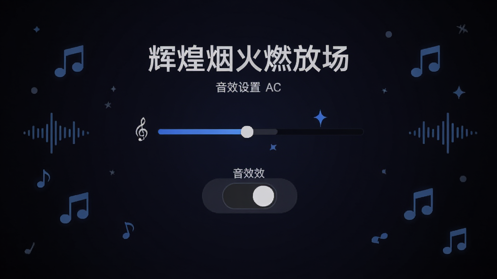 辉煌烟火燃放场 音效设置界面,画面中央显示音量调节滑块和音效开关按钮,背景是暗色渐变,周围有音符和声波图标点缀,风格为简约科技感,布局对称,画质干净无多余元素