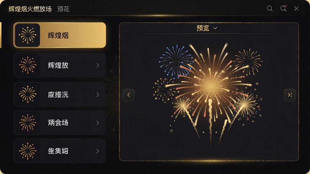 辉煌烟火燃放场 烟花种类选择界面,画面左侧竖排显示各类烟花图标和名称,右侧是预览区域展示当前选中烟花的爆炸效果,界面配色以深色为主搭配金色高光,风格为现代扁平化设计,布局清晰,画质干净无多余元素