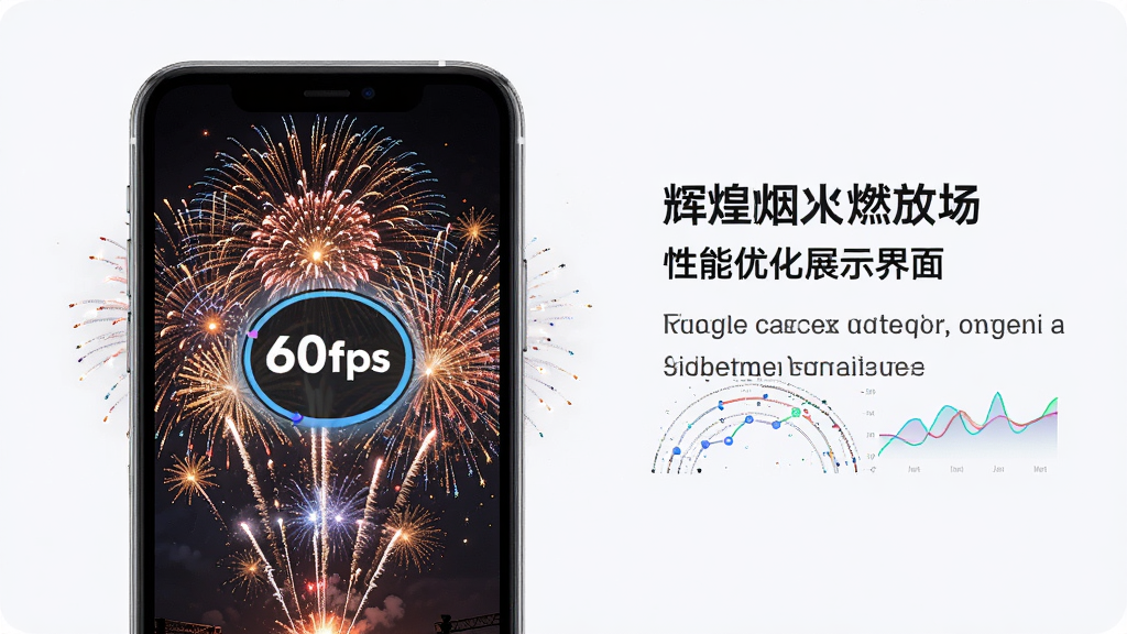 辉煌烟火燃放场 性能优化展示界面,画面显示手机屏幕中烟花密集绽放但帧率稳定在60fps的指示图标,背景有粒子效果示意图,风格为科技数据可视化,布局左图右文,画质干净无多余元素