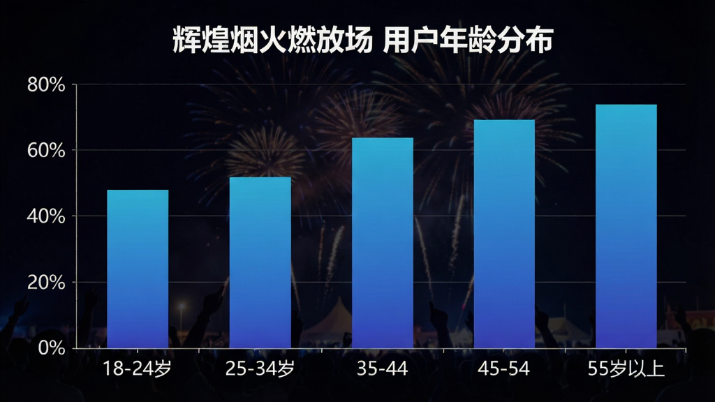 辉煌烟火燃放场 用户年龄分布柱状图,画面展示六个年龄段的柱状数据,横轴标注18-24岁、25-34岁、35-44岁、45-54岁、55岁以上,纵轴为百分比,柱体颜色为渐变蓝色,顶部有“辉煌烟火燃放场 用户年龄分布”标题,风格为数据可视化图表,布局清晰,画质干净无多余元素