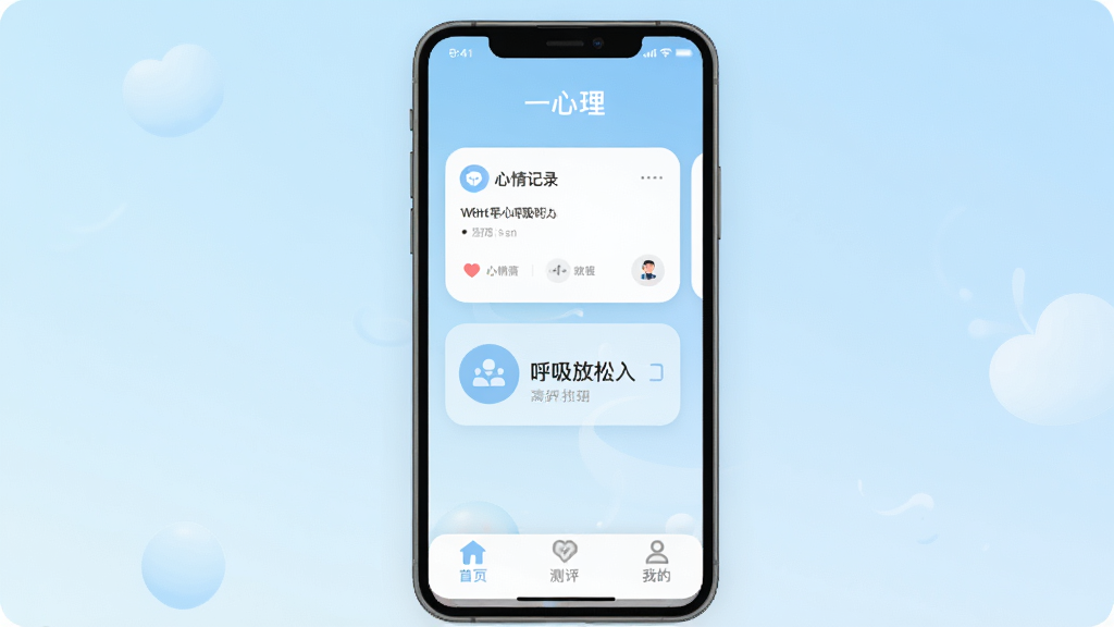 一心理App主界面全貌展示,手机屏幕居中,浅蓝色渐变背景,界面顶部显示“一心理”应用名称,中间是心情记录卡片和呼吸放松入口,底部为首页、测评、我的三个标签栏,整体风格温和治愈,扁平化设计,圆角图标,画质干净清晰,无多余装饰元素