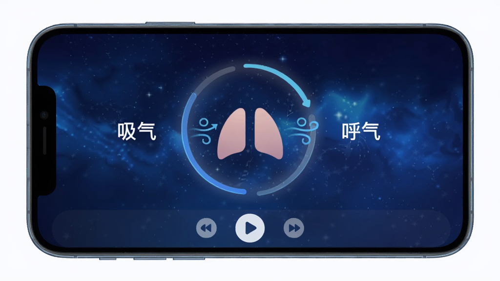 一心理App呼吸放松功能界面,手机屏幕中央显示一个圆形呼吸引导动画,周围有“吸气”“呼气”文字提示,背景为深蓝色渐变星空风格,底部有播放控制按钮,整体氛围安静舒缓,画质细腻,无多余元素