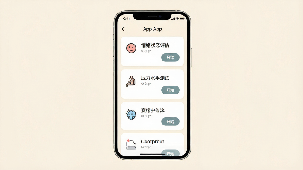 一心理App心理测评功能界面,手机屏幕中展示测评量表列表,包含“情绪状态评估”“压力水平测试”等卡片,每个卡片配有简约图标和开始按钮,背景为柔和的米白色,文字清晰,布局整齐,风格简洁现代,画质干净无杂乱元素