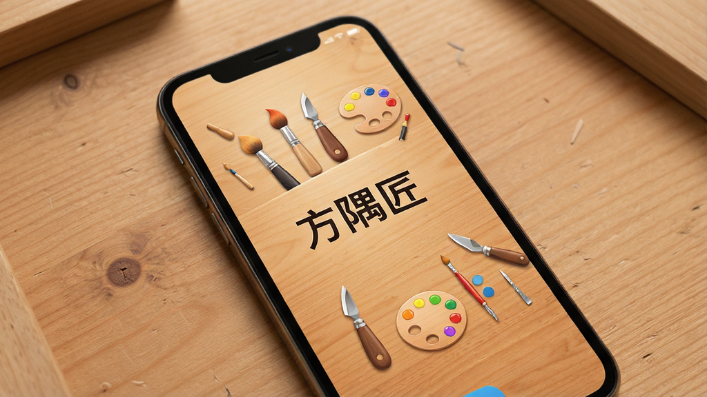 一张展示手机屏幕的画面,屏幕中央是方隅匠应用的启动界面,界面中央有“方隅匠”三个字,周围环绕着各种小巧的画笔、刻刀、调色盘等工具图标,背景是温暖的原木色工作台纹理,画面风格简洁现代,光线柔和,画质清晰干净,无多余元素