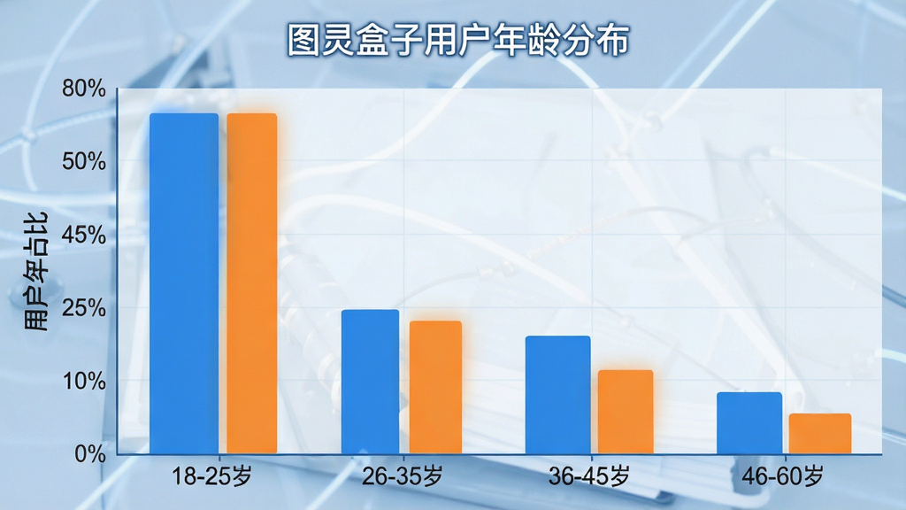 一张展示图灵盒子用户年龄分布的柱状图,横轴是年龄段18-25岁、26-35岁、36-45岁、46-60岁,纵轴是用户占比,柱状图显示26-35岁占比最高,36-45岁其次,图表标题写着“图灵盒子用户年龄分布”,风格是简洁的数据可视化图表,色调以蓝色和橙色为主,画质清晰,无多余元素。