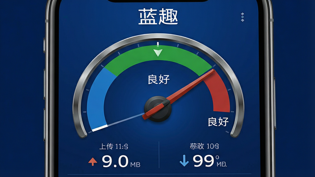 一张展示蓝趣App网络测速界面的生图,画面主体是手机屏幕,屏幕上显示蓝趣App的网速仪表盘,指针指向“良好”区域,下方有上传和下载速度的数字显示,背景是深蓝色,风格仪表盘设计,画质清晰,文字“蓝趣”在顶部,布局对称,排版规整,细节金属质感,无多余元素