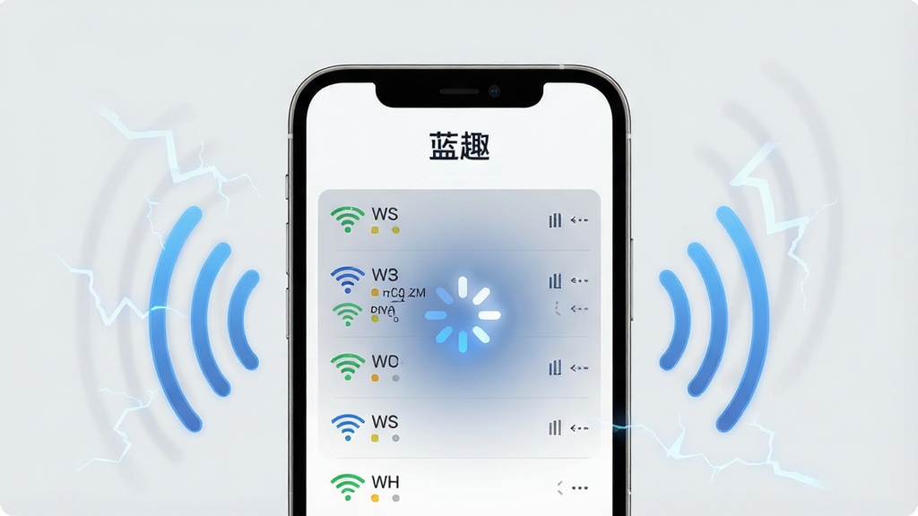 一张展示蓝趣App连接过程的生图,画面主体是一部手机,屏幕上显示蓝趣App正在扫描附近的WiFi信号,列表中有几个信号强度不同的WiFi名称,旁边有一个醒目的加载动画,手机周围环绕着电波符号,背景是浅灰色,风格科技简约,画质干净,文字“蓝趣”出现在屏幕顶部,布局清晰,排版简洁,细节精致,无多余元素