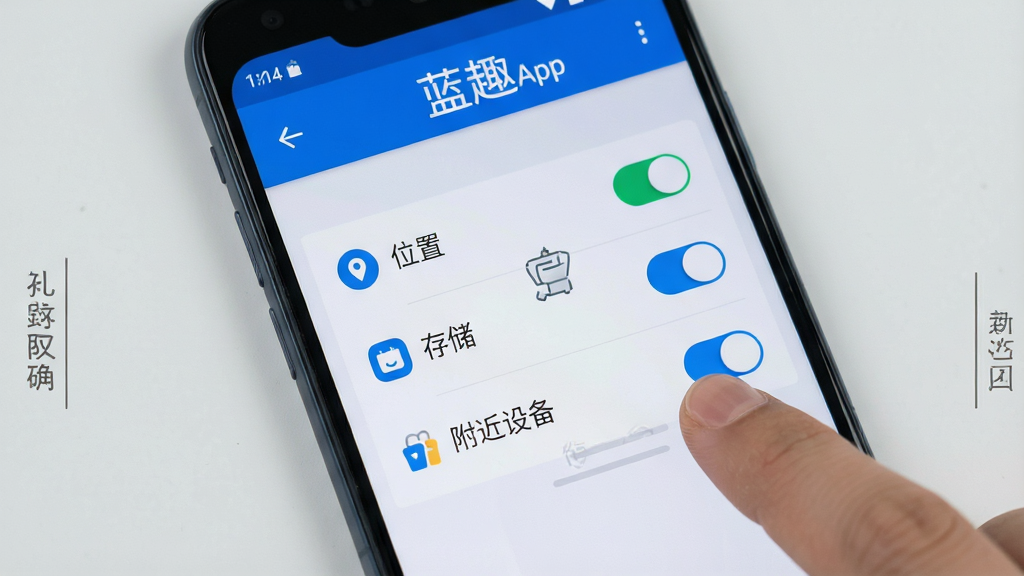 一张展示蓝趣App在安卓手机上权限设置界面的生图,画面主体是手机屏幕,屏幕上显示蓝趣App的权限管理页面,有位置、存储、附近设备等权限开关,旁边有手指正在点击开关,背景是浅灰色,风格教程指引,画质清晰,文字“蓝趣”在顶部,布局清晰,排版直观,细节图标精致,无多余元素