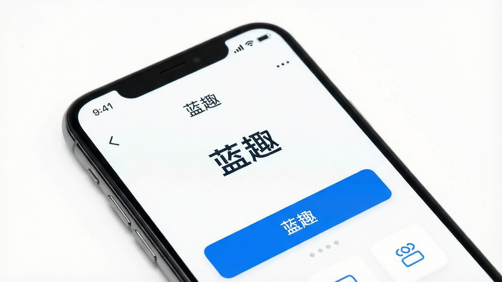 一张展示蓝趣App无广告清爽界面的生图,画面主体是手机屏幕,屏幕上显示蓝趣App的首页,界面干净,没有任何广告横幅或弹窗,只有简洁的功能按钮和文字“蓝趣”,背景是纯白色,风格极简主义,画质高清,布局留白充足,排版舒适,细节干净利落,无多余元素