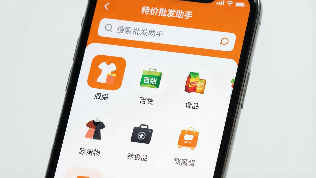 一张手机屏幕特写,画面中央是“特价批发助手”APP的首页界面,顶部搜索栏清晰可见,下方排列着各类商品分类图标,如服饰、百货、食品等,界面以橙色和白色为主色调,风格简洁明快,布局整齐,画面干净无多余元素,高清画质
