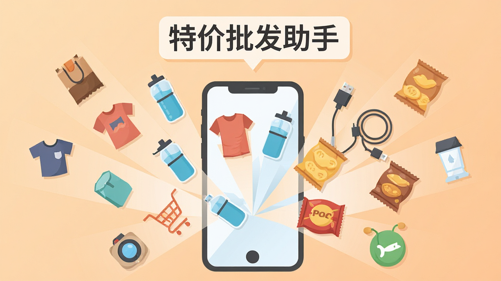 一张信息图风格的插画,画面中一个手机屏幕里涌出各种商品图标,包括衣服、水杯、数据线、零食等,这些图标围绕手机呈放射状排列,手机上方有“特价批发助手”的文字标识,背景是淡橙色渐变,风格扁平化,画质干净清晰