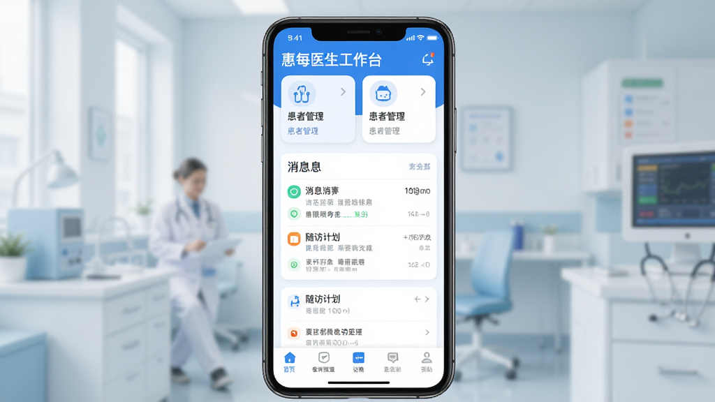 一张展示“惠每医生”手机应用主界面的图片,主体是智能手机,布局是手机屏幕内显示医生工作台界面,顶部有患者管理卡片,中间是消息列表和随访计划,底部有导航栏,排版简洁清晰,风格是现代医疗科技感,细节上界面以蓝白为主色调,图标圆润,画质清晰,干净,无多余元素