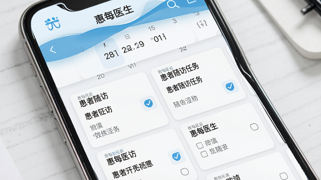 一张展示“惠每医生”随访计划功能的图片,主体是手机屏幕显示日历和待办列表,布局是顶部有日期选择,中间是患者随访任务卡片,排版整齐,风格是清爽的商务效率风,细节上有“惠每医生”字样和勾选图标,画质清晰,干净,无多余元素