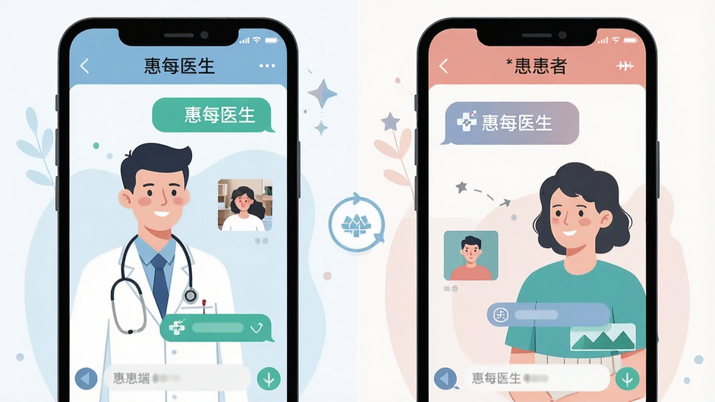 一张展示“惠每医生”在线沟通功能的图片,主体是医生和患者通过手机对话的示意图,布局是左右分栏的聊天界面,左侧是医生端,右侧是患者端,排版展示消息气泡和图片传输,风格是扁平化医疗插画风,细节上有“惠每医生”字样,画质清晰,干净,无多余元素