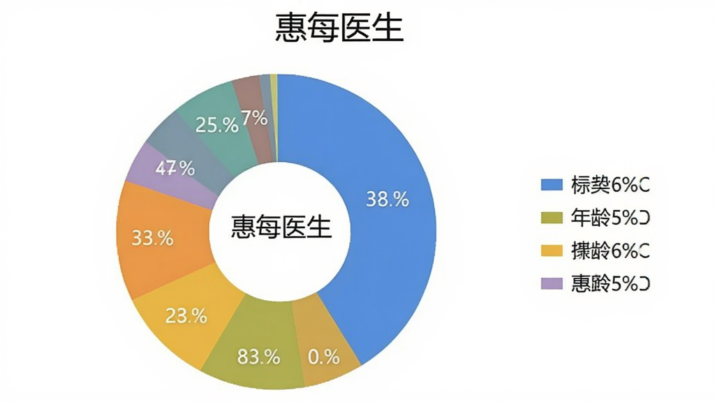 一张展示“惠每医生”用户年龄分布的饼状图图片,主体是饼状图,布局是标题在顶部,图例在右侧,排版清晰,风格是扁平化数据可视化,细节上有“惠每医生”字样和不同颜色扇区,画质清晰,干净,无多余元素