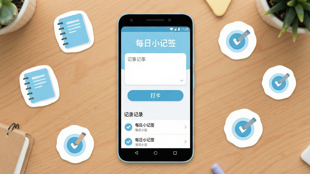 一张展示“每日小记签”核心全貌的场景图。画面中央是一部安卓手机,手机屏幕上显示“每日小记签”的主界面,界面布局简洁,顶部有“每日小记签”文字,中间是记事输入框和打卡按钮,底部是记录列表。手机周围散落着几个简约的记事本图标和打卡标记图标。整体风格清新扁平化,以浅蓝色和白色为主色调,细节圆润,画质干净无多余元素。