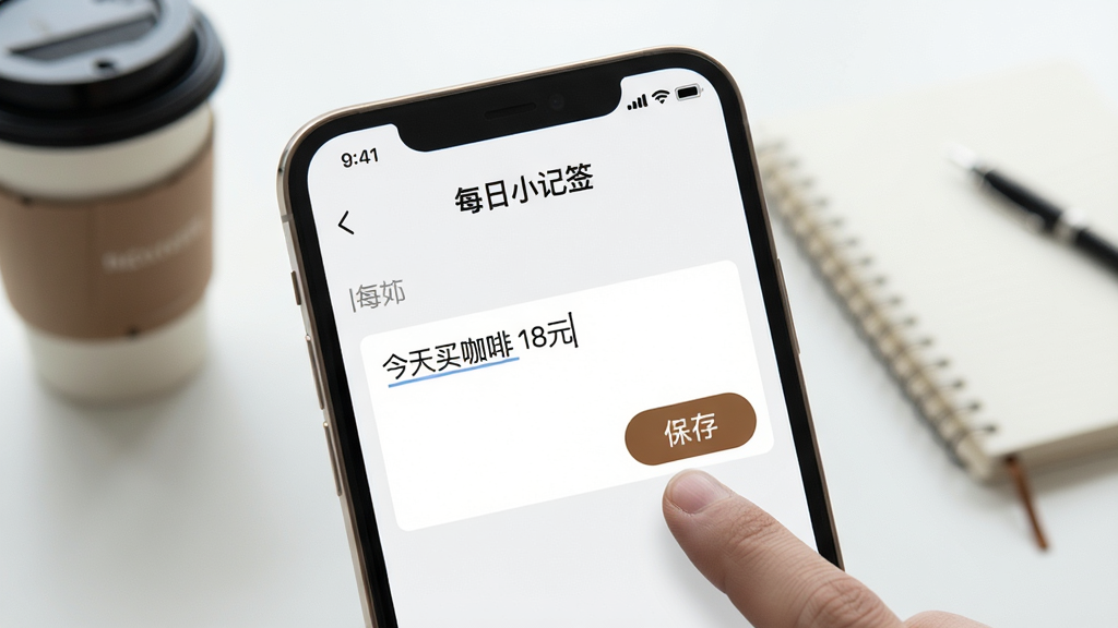 一张展示“每日小记签”极简记录体验的AI生图。画面主体是一个手机屏幕特写,屏幕上显示“每日小记签”的输入界面,一个手指正在点击输入框,输入框内显示“今天买咖啡 18元”的文字,旁边有一个醒目的“保存”按钮。背景是模糊的桌面环境,有咖啡杯和笔记本。整体风格现代简约,以浅色系为主,画质干净清晰,无多余元素。