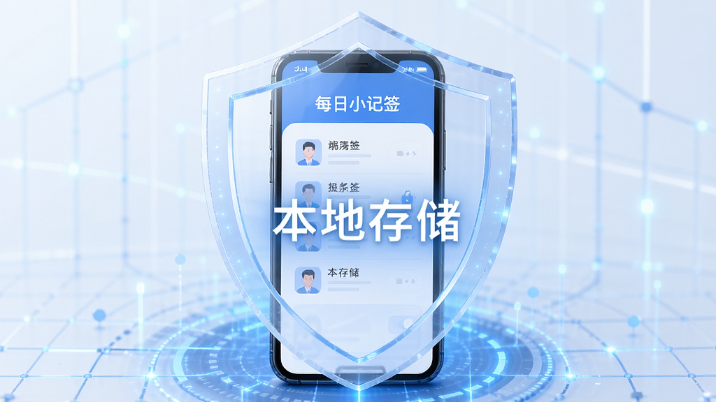 一张展示“每日小记签”数据本地存储安全概念的AI生图。画面中央是一部手机,手机屏幕显示“每日小记签”的界面,周围有一个半透明的盾牌图标将手机包裹起来,盾牌上写着“本地存储”字样。背景是科技感的蓝色网格线条。整体风格安全可靠,以蓝色和白色为主色调,画质干净,无多余元素。