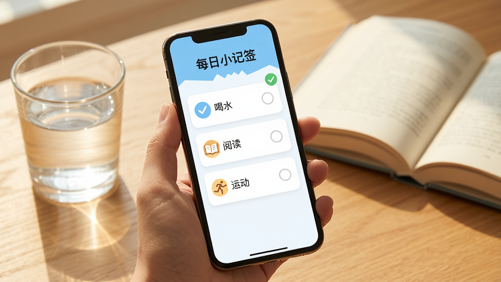 一张展示“每日小记签”移动端使用攻略的AI生图。画面是一只手拿着手机,手机屏幕上显示“每日小记签”的打卡界面,界面中有“喝水”“阅读”“运动”三个打卡项,其中“喝水”已经打勾。手机旁边有一杯水和一本打开的书。整体风格生活化,以暖色调为主,画质干净清晰,无多余元素。