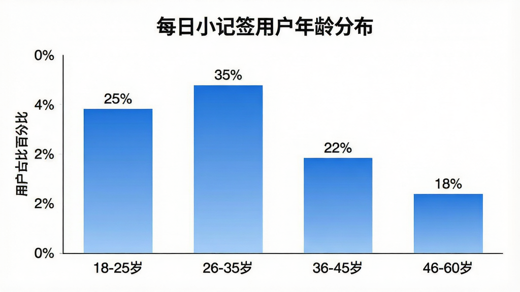 一张展示“每日小记签”用户年龄分布的柱状图。图表标题为“每日小记签用户年龄分布”,横轴为年龄段:18-25岁、26-35岁、36-45岁、46-60岁,纵轴为用户占比百分比。柱状图颜色为蓝色渐变,每个柱子上方标注具体百分比数值,例如18-25岁占25%,26-35岁占35%,36-45岁占22%,46-60岁占18%。整体风格简洁专业,背景为白色,画质干净无多余元素。