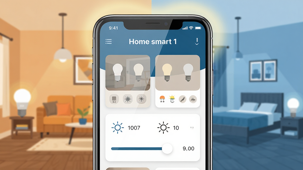 一张展示Home smart 1应用核心功能的场景图,画面主体是一部智能手机,屏幕上清晰显示Home smart 1的应用界面,界面中包含多个房间的灯光控制卡片和亮度调节滑块,手机周围环绕着宜家风格的智能灯泡和家居环境,布局为手机居中,左侧是暖色调的客厅场景,右侧是冷色调的卧室场景,排版简洁现代,风格为扁平化UI展示,细节上手机屏幕有轻微反光,背景有柔和的光晕,画质高清,干净,无多余元素