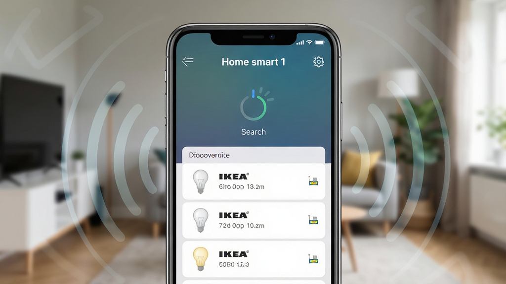 一张展示Home smart 1配对界面的示意图,画面主体是手机屏幕特写,屏幕中显示正在搜索附近的智能设备,有一个旋转的加载图标和已发现的设备列表,背景是模糊的家居环境,布局为手机屏幕占据画面中心,周围有淡淡的无线信号波纹扩散效果,风格为科技感UI展示,细节上设备列表中有宜家风格的灯泡图标,画质高清,干净,无多余元素