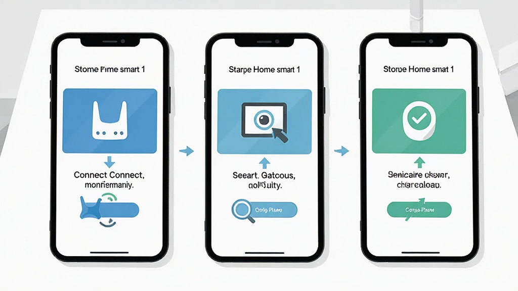 一张展示Home smart 1安装步骤的示意图,画面主体是三部手机并排显示,第一步显示连接网关的提示,第二步显示搜索设备,第三步显示配对成功,背景是简洁的白色桌面,布局为三部手机从左到右排列,风格为教程类扁平插画,细节上每部手机屏幕有对应的操作图标和箭头引导,画质高清,干净,无多余元素