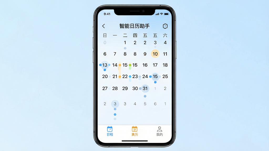智能日历助手App主界面展示,手机屏幕中央显示清晰的月历视图,日期下方有小圆点标记日程事件,底部有“日程”“黄历”“我的”三个标签栏,背景为淡蓝色渐变,整体风格简洁现代,画质干净,无多余元素