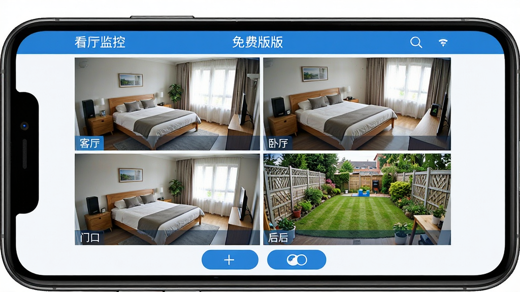 看家监控免费版 手机横屏显示四路监控画面 分别标注客厅 卧室 门口 后院 画面清晰 界面顶部有软件名称 底部有切换按钮 整体布局整齐 蓝白配色 扁平化设计 画质干净 无多余元素